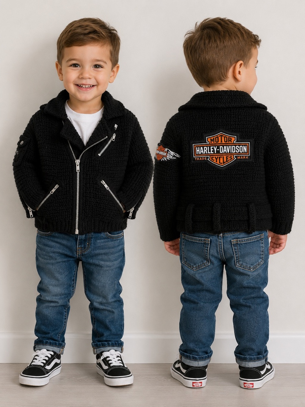 Harley-Davidson Vintage Handmade Knit Zip Jacket Toddler 2T Black